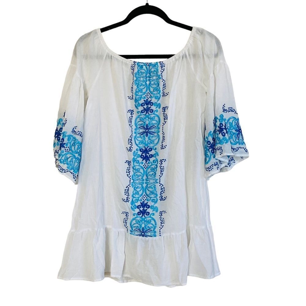Nightcap x Carisa Rene Santorini Off Shoulder Embroidered Swim Coverup Sz S NWT